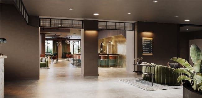 Tenant lounge with soft seating and warm lighting